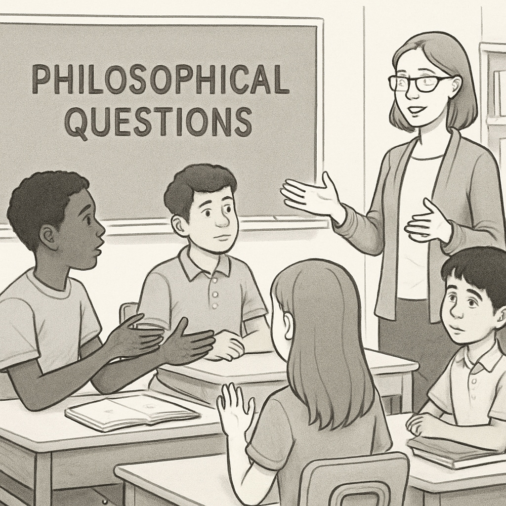 A group of K12 students engaged in a discussion about philosophical questions, with a teacher guiding them. Students discussing philosophical questions with a teacher in a classroom.