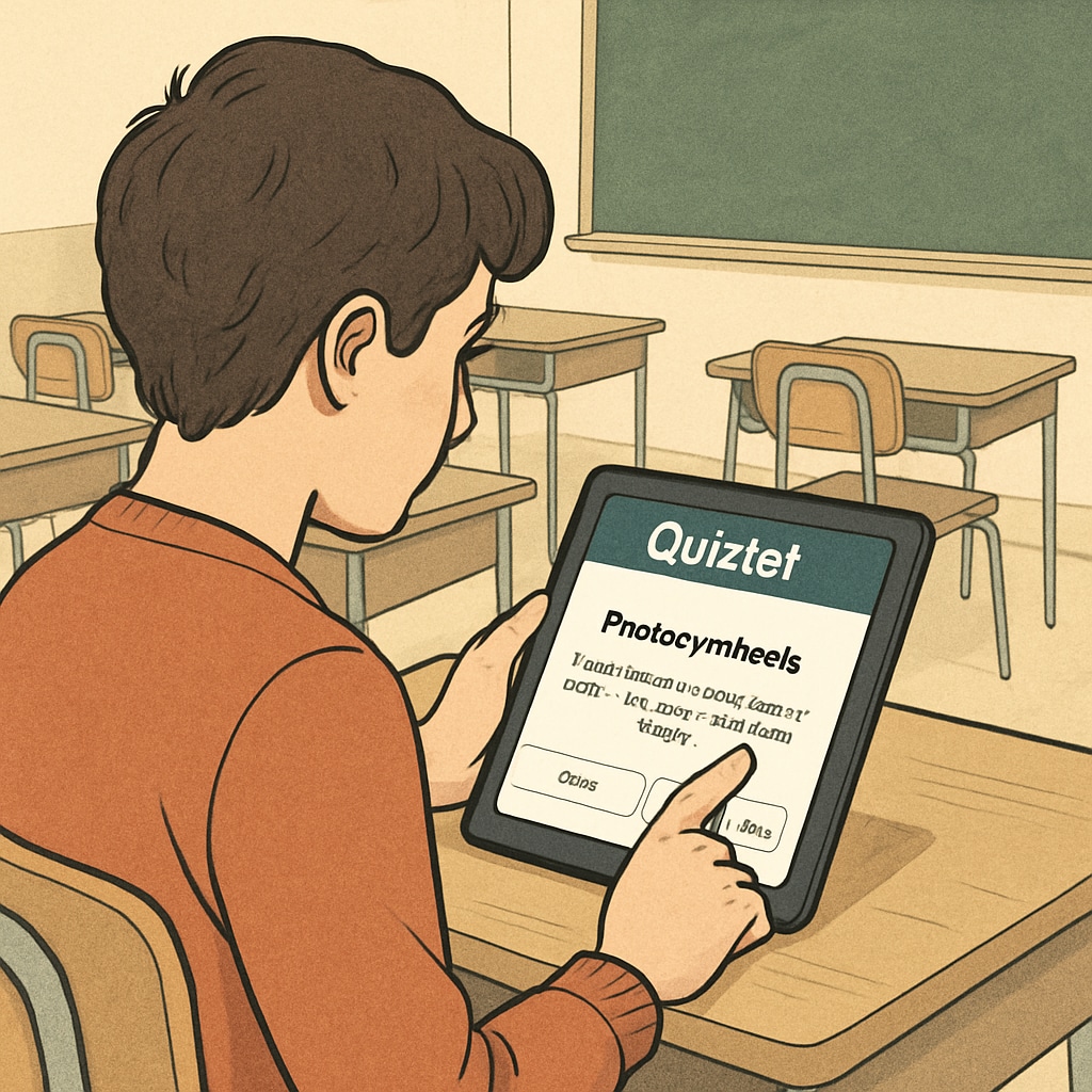 A student using Quizlet flashcards on a tablet in a classroom setting. The screen displays subject-specific flashcards. Student using Quizlet for learning and test preparation