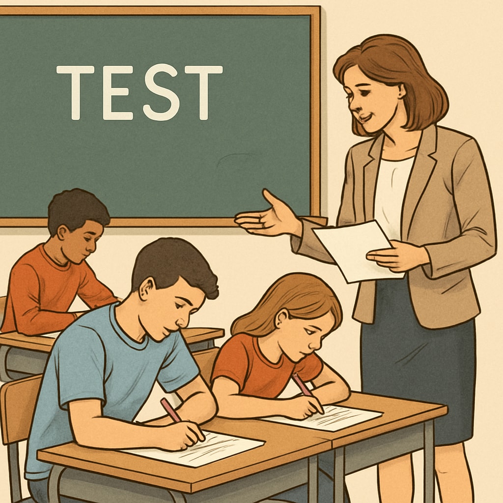 A classroom setting with a teacher interacting with students during a test. The image emphasizes the importance of assessments in education. Teacher guiding students during a test, highlighting the role of assessments in K12 education.