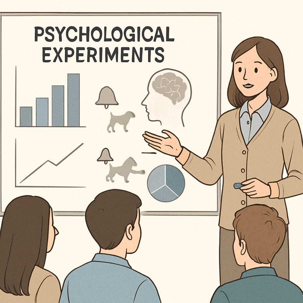 A student-led presentation on psychological experiments, with charts and visuals displayed. A student presenting psychological experiment findings in a classroom.
