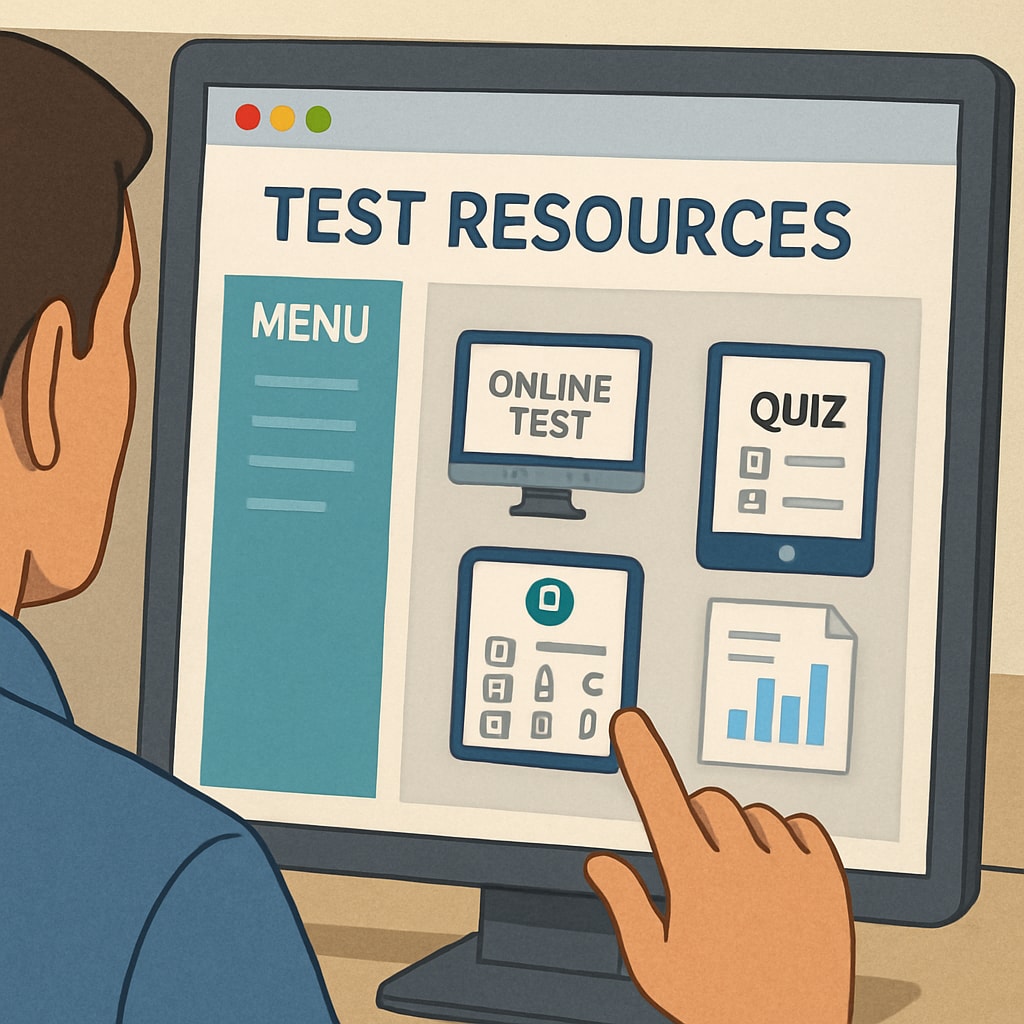Close-up of a computer screen showing a teacher reviewing digital test resources. The image symbolizes modern teaching methods and digital tools. Teacher reviewing digital test resources on a computer screen, representing modern teaching tools.