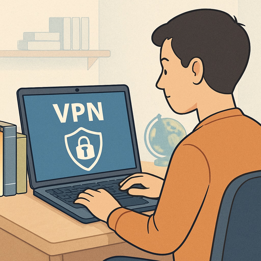 A person browsing the internet on their laptop with a VPN active, indicating privacy and security. A laptop screen showing an active VPN connection, symbolizing online privacy and security in the context of the UK's age verification law.