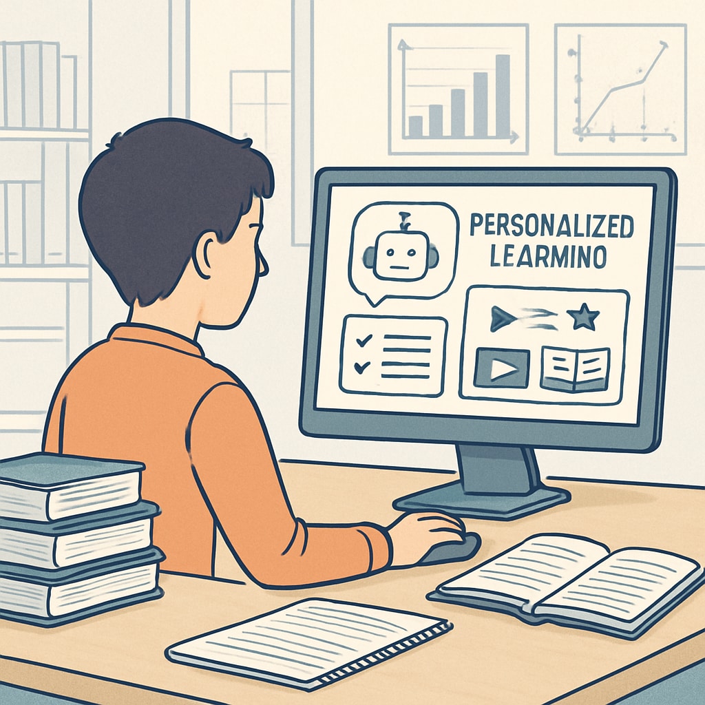 A student using an AI-powered personalized learning platform to access tailored educational content. AI-powered personalized learning platform in K12 education.