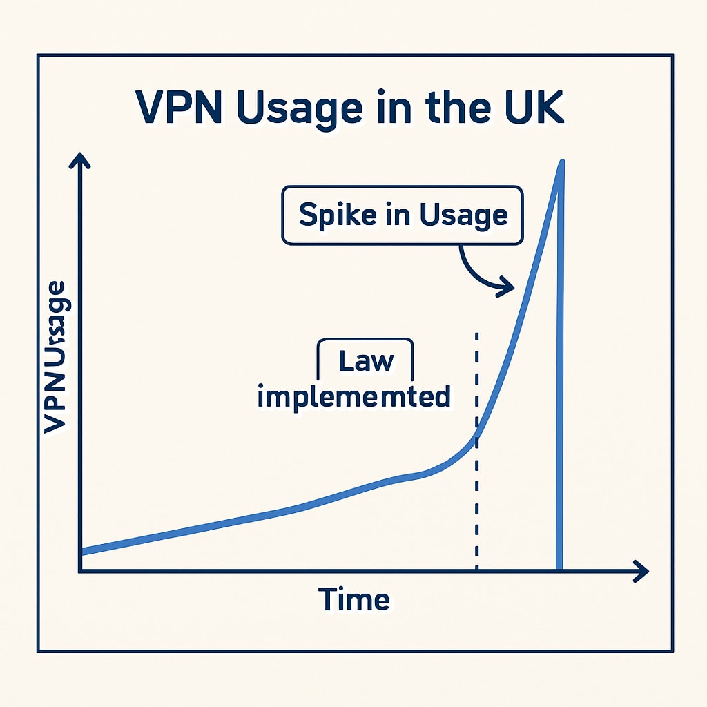 A graph showing the increase in VPN usage in the UK over time, highlighting the spike after the law's implementation. A chart illustrating the rise in VPN downloads in the UK, correlating with the introduction of the age verification law.