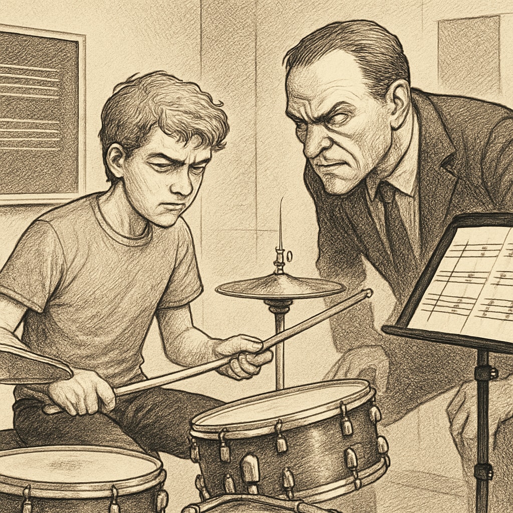 A tense scene from Whiplash showing the mentor and student during a drum practice, symbolizing the high-pressure dynamic of extreme education methods. A scene from Whiplash showing a mentor and student in an intense drum practice, symbolizing high-pressure education.