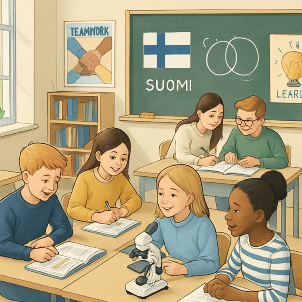 A classroom in Finland where students are engaged in collaborative and supportive learning, representing an alternative to high-pressure education. Finnish classroom with students engaged in collaborative learning, showing an alternative to extreme education pressure.