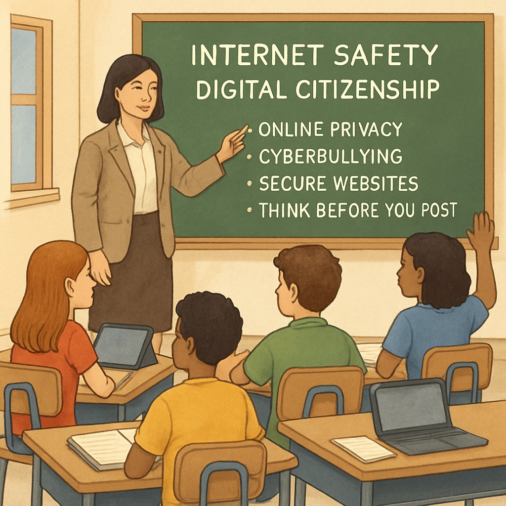 A classroom of students learning about internet safety and digital citizenship. Students in a classroom discussing age verification, VPN usage, and digital ethics.
