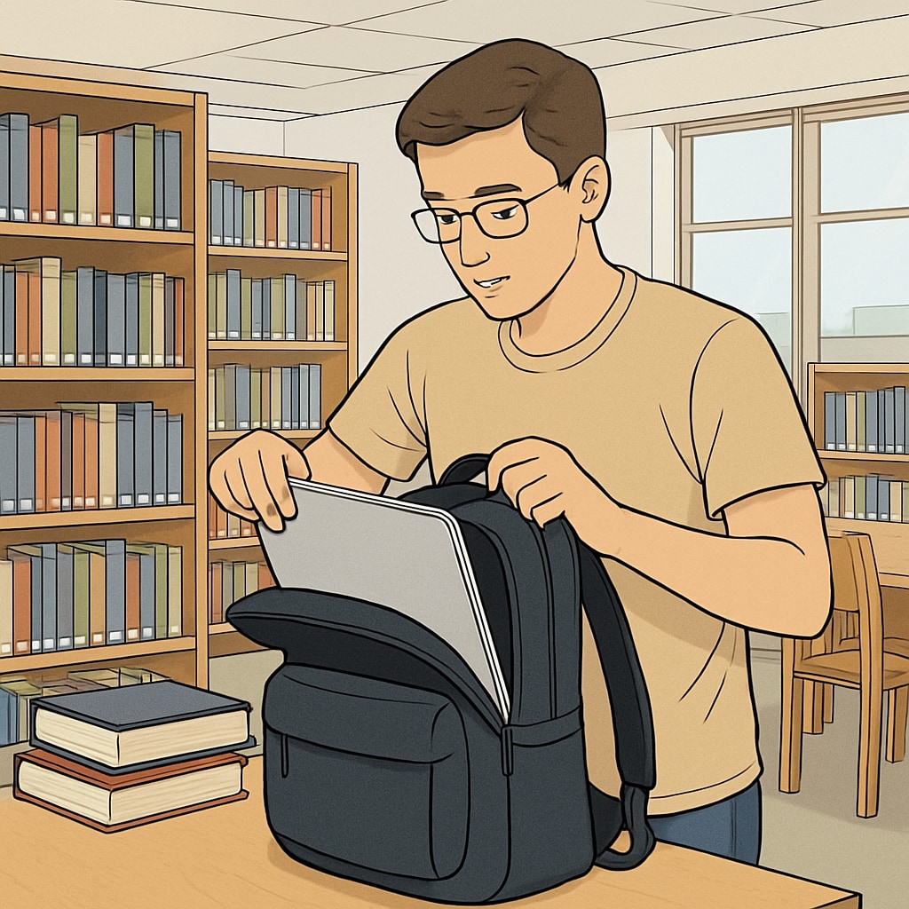 A college student organizing books and a laptop inside a spacious backpack in a library setting. College student organizing books in a spacious backpack.