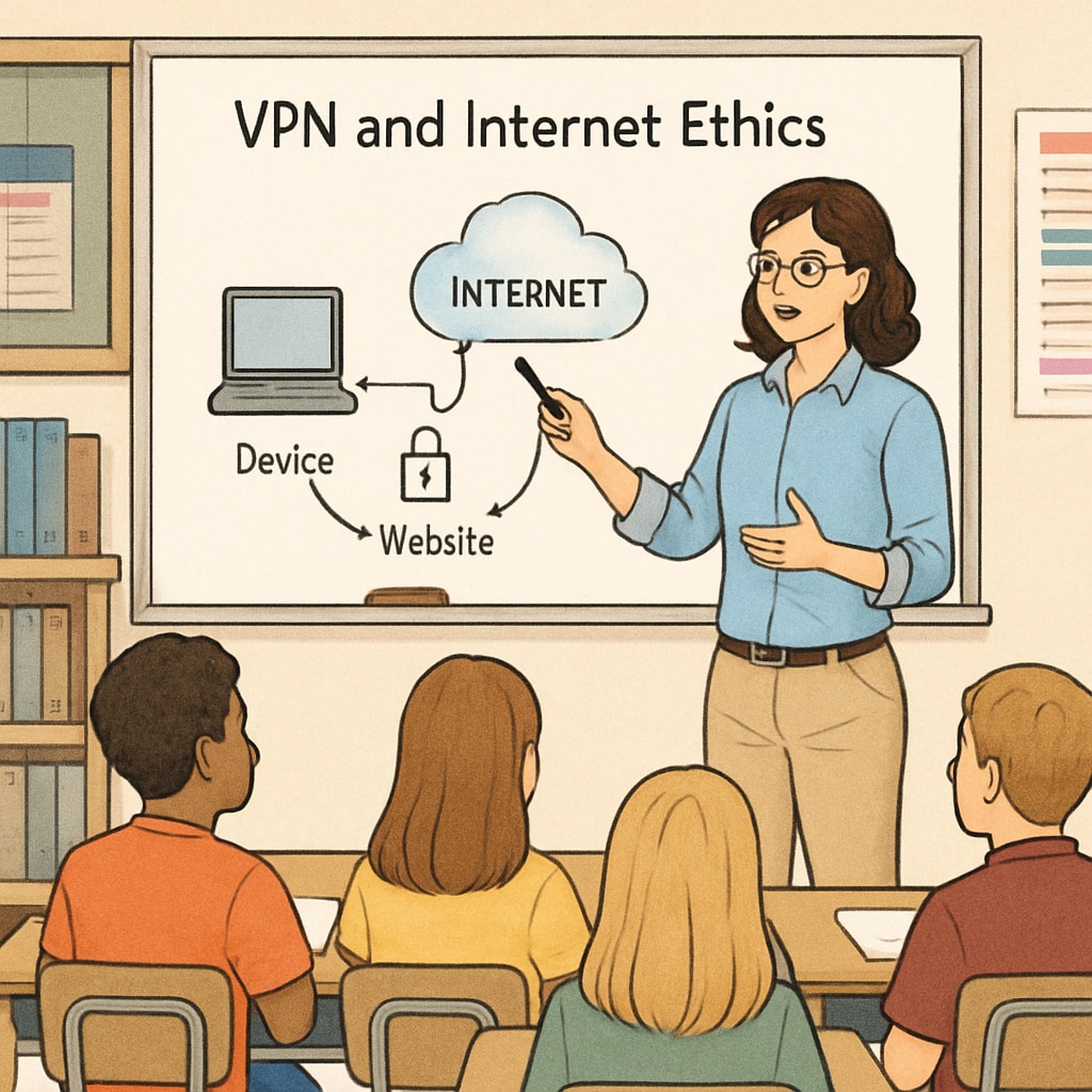 A teacher explaining the concept of VPNs and internet ethics to students. An educator teaching K12 students about VPNs and safe internet practices.