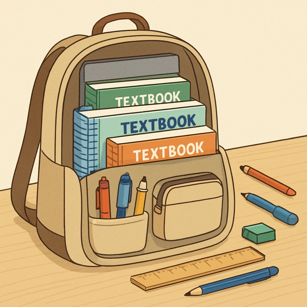 A well-organized backpack containing textbooks, a laptop, and stationery laid out on a desk. Organized backpack with textbooks and laptop.