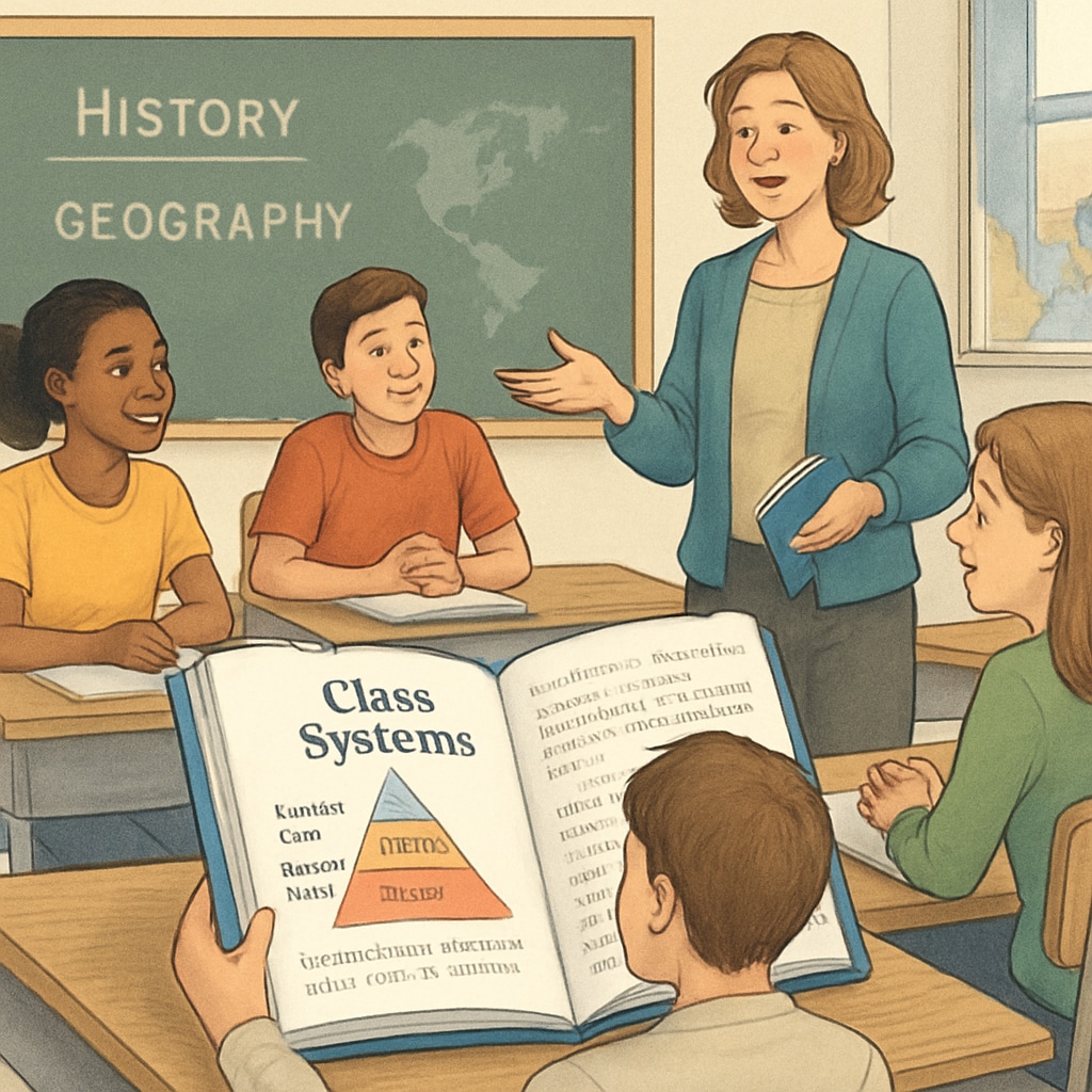 A classroom scene with students and a teacher discussing social studies topics, highlighting a textbook open to a page about class systems. Classroom discussion on class structure and social mobility, related to school education.