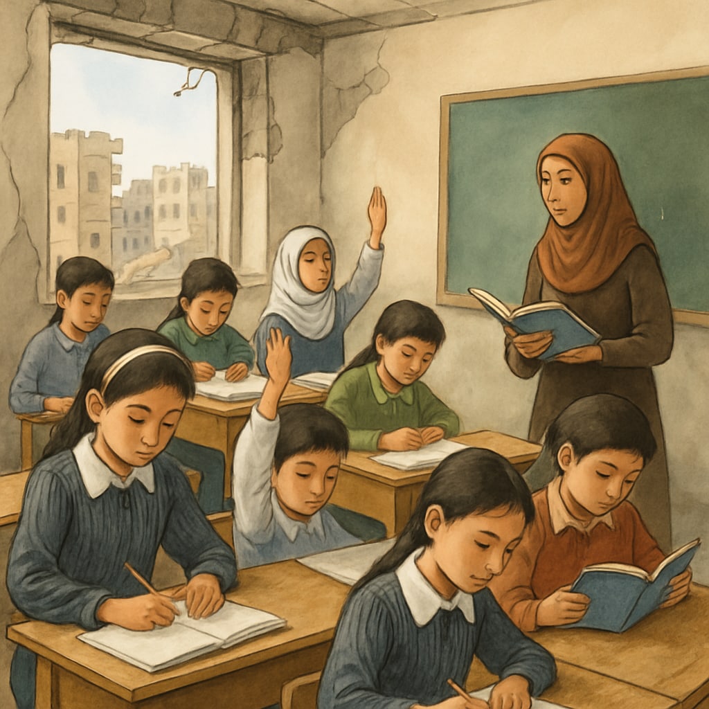 A classroom in Gaza with students engaged in learning activities, symbolizing resilience and hope. Students in a Gaza classroom learning despite challenges in IDF-controlled areas.