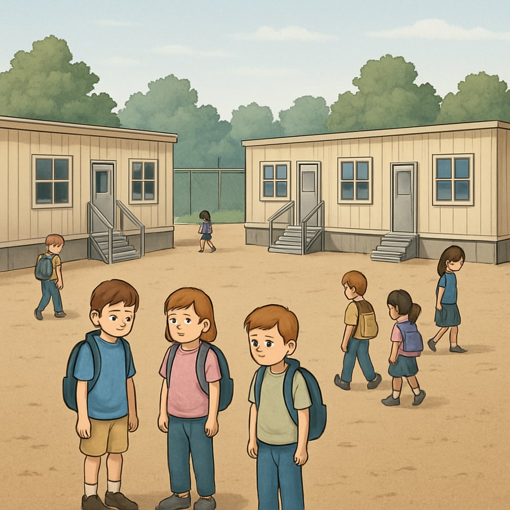 A playground missing from a temporary school campus, illustrating the challenges of school relocation for young students. Playground missing on temporary campus during school relocation.