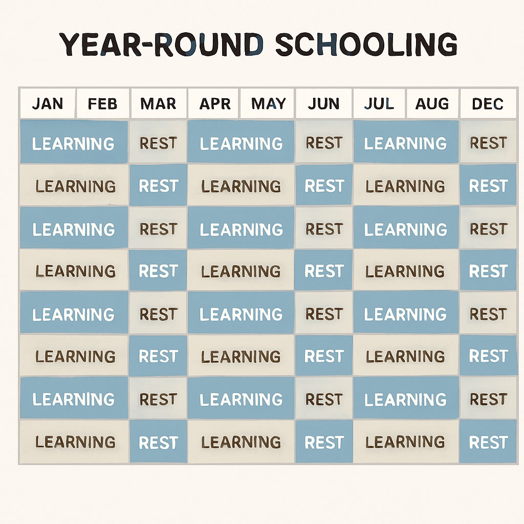 A visual representation of alternating weeks for study and break in year-round schooling.