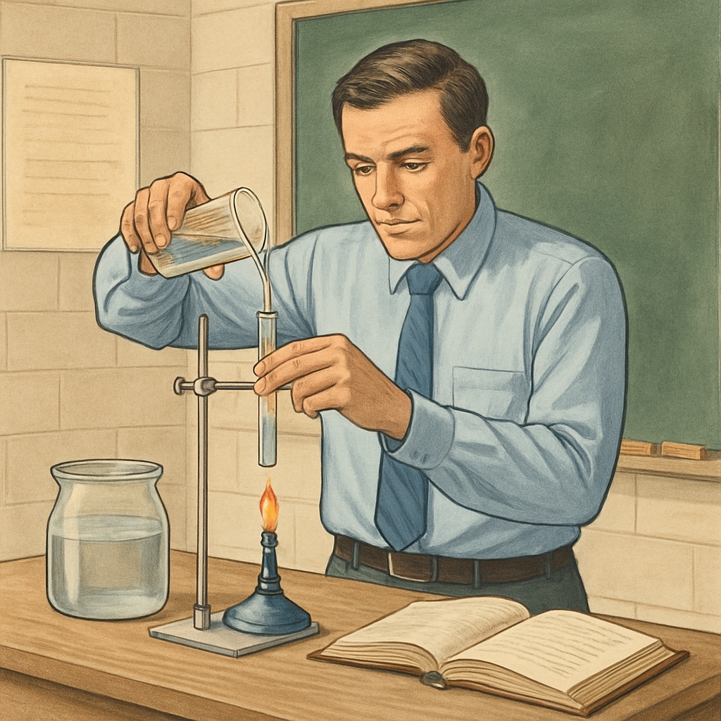 A teacher conducting a science experiment in a modest classroom, illustrating practical education amidst limited resources. A teacher in Gaza performing a science activity to engage students despite limited resources.