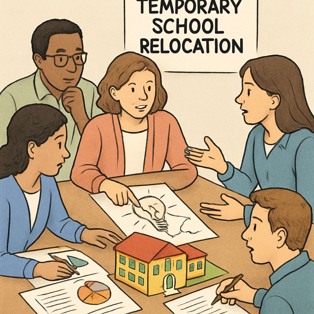 A group of parents collaborating to create solutions for temporary school relocation challenges. Parents discussing solutions for children's education during school relocation.