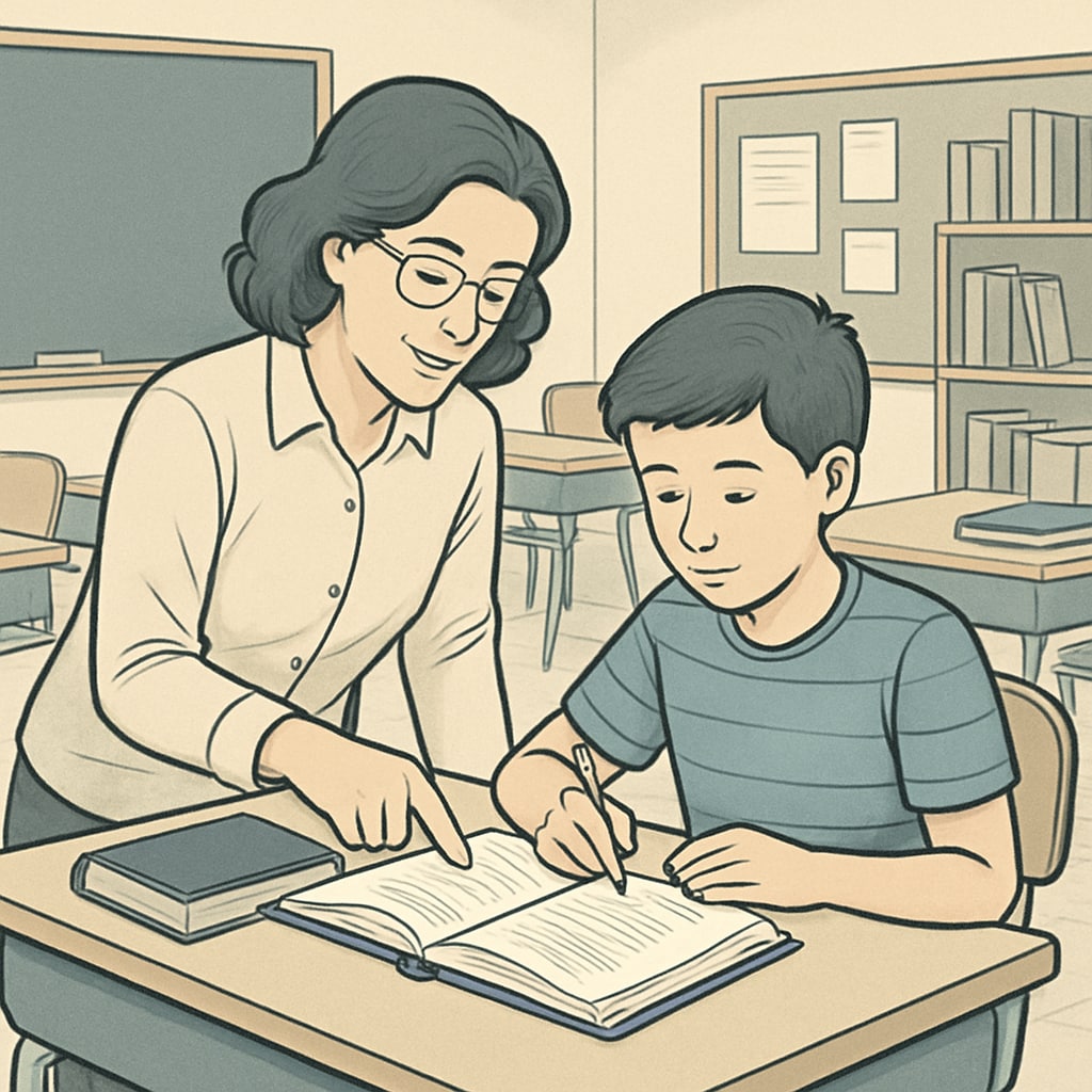 A teacher working one-on-one with a student in a year-round school setting, highlighting personalized learning opportunities. A teacher assisting a student in a year-round school classroom, emphasizing individualized attention.