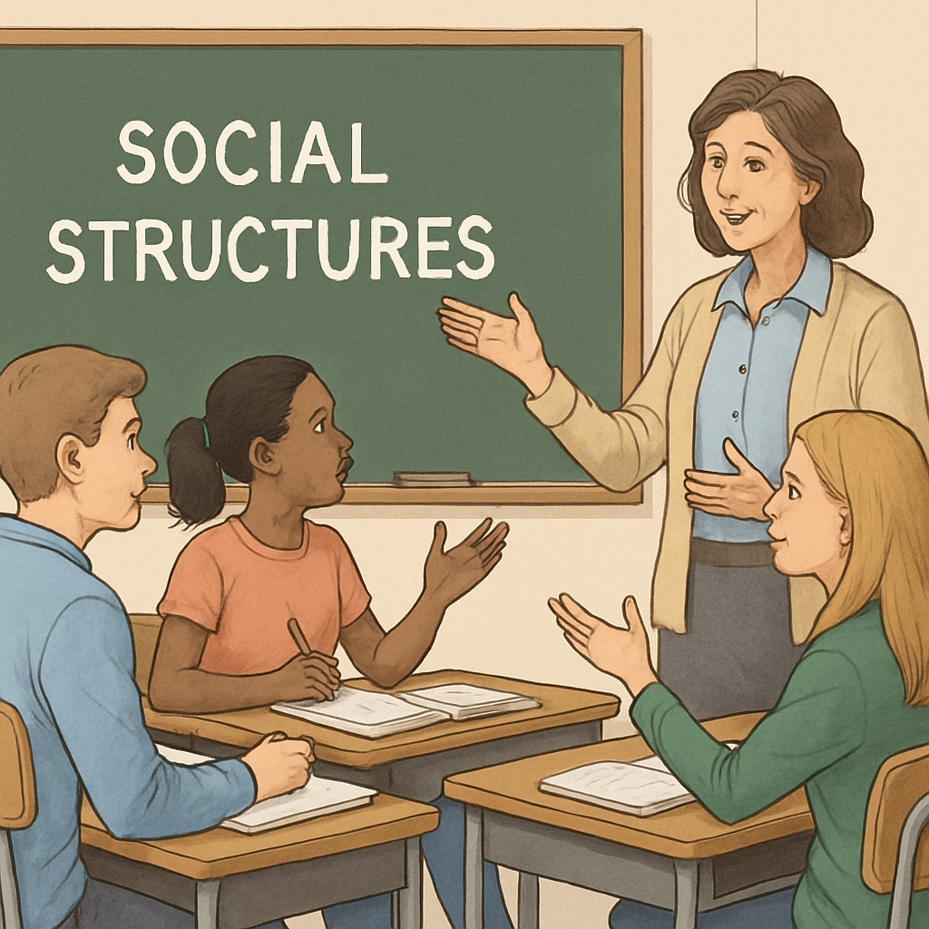 Students and teacher discussing social structures in a classroom.