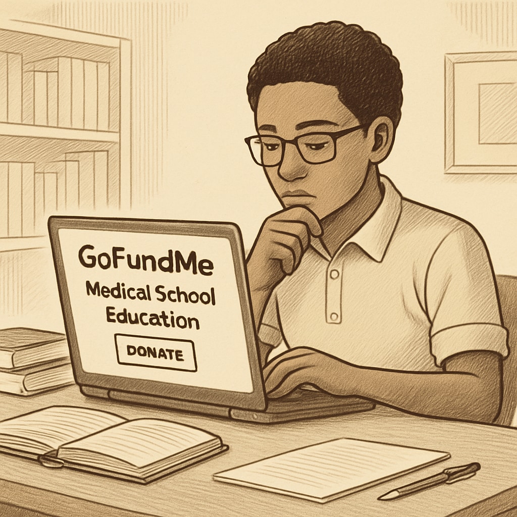 A young student sitting at a desk with a laptop, creating a GoFundMe campaign to fund their medical school education. Student designing a GoFundMe campaign for medical school tuition struggles.
