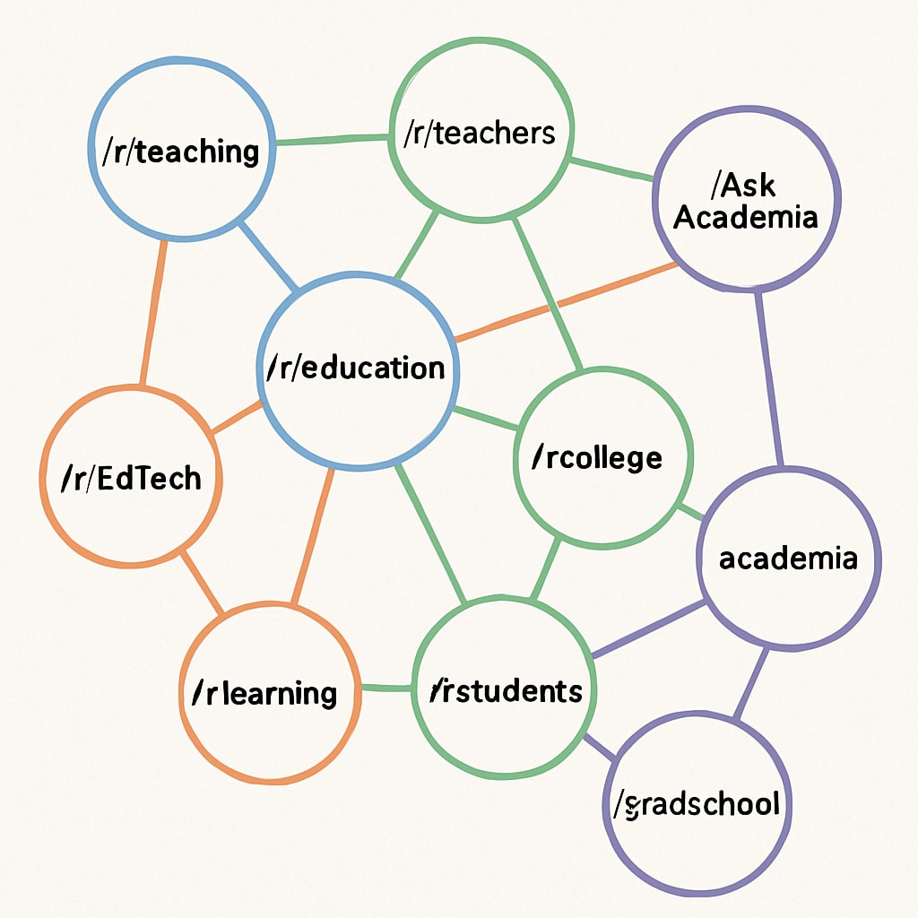 A network diagram showcasing interconnected education-focused subreddits on Reddit.