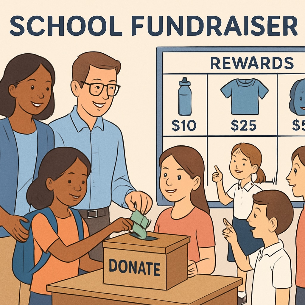 A fundraising event where students and parents are donating, with visible tiers of rewards based on donation amounts. School fundraising activity with visible reward tiers based on donations