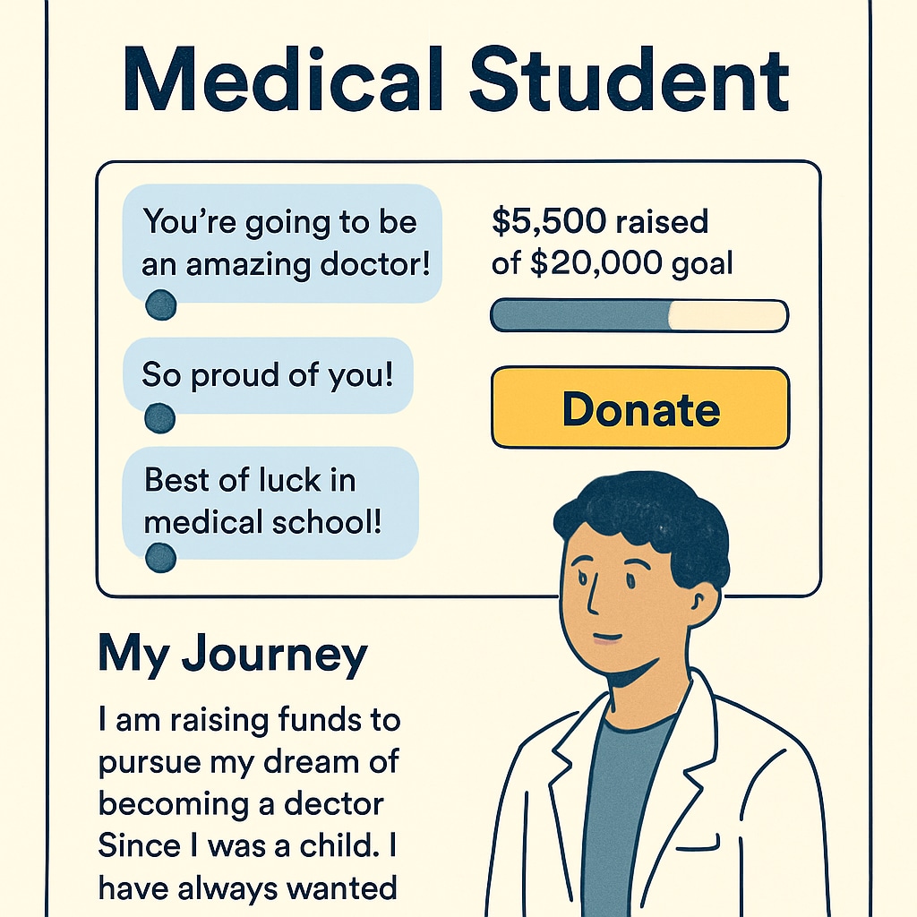 A screenshot of a GoFundMe campaign page featuring a medical student's story, highlighting the donation progress bar and heartfelt messages from supporters. GoFundMe campaign for medical school with donation progress bar and messages.