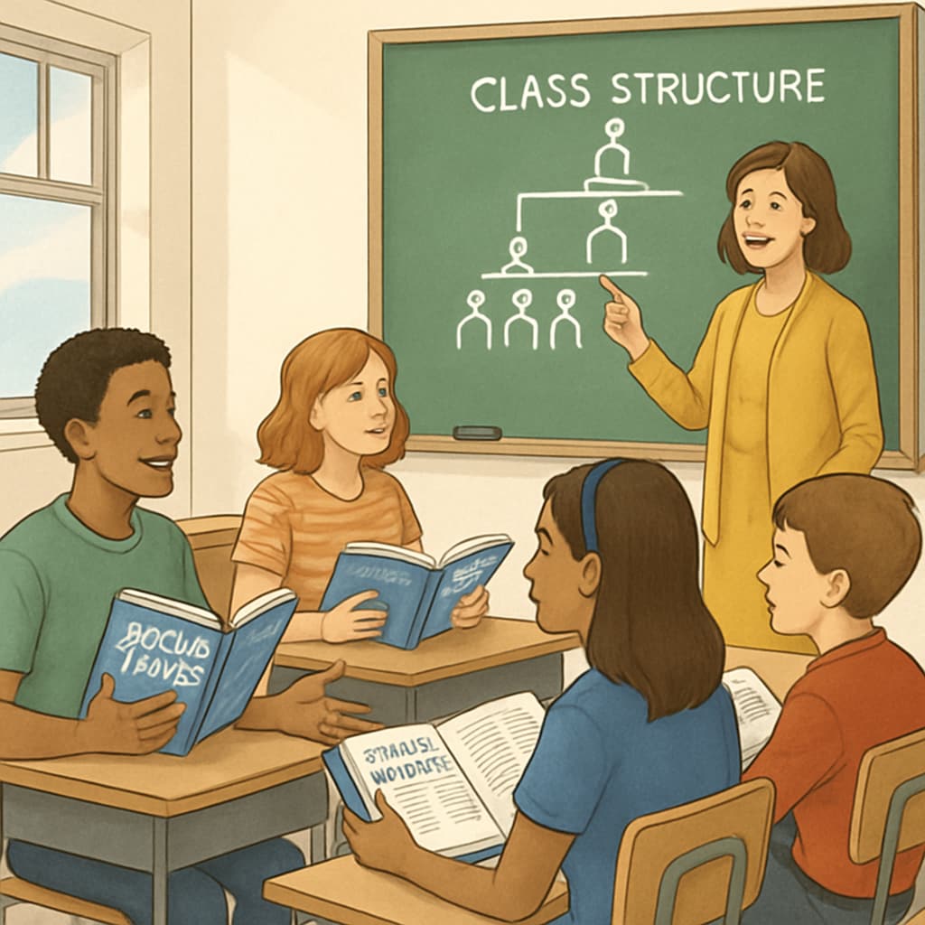 A classroom with students reading social studies textbooks, focusing on class structure discussions. Students studying class structures in social studies textbooks.