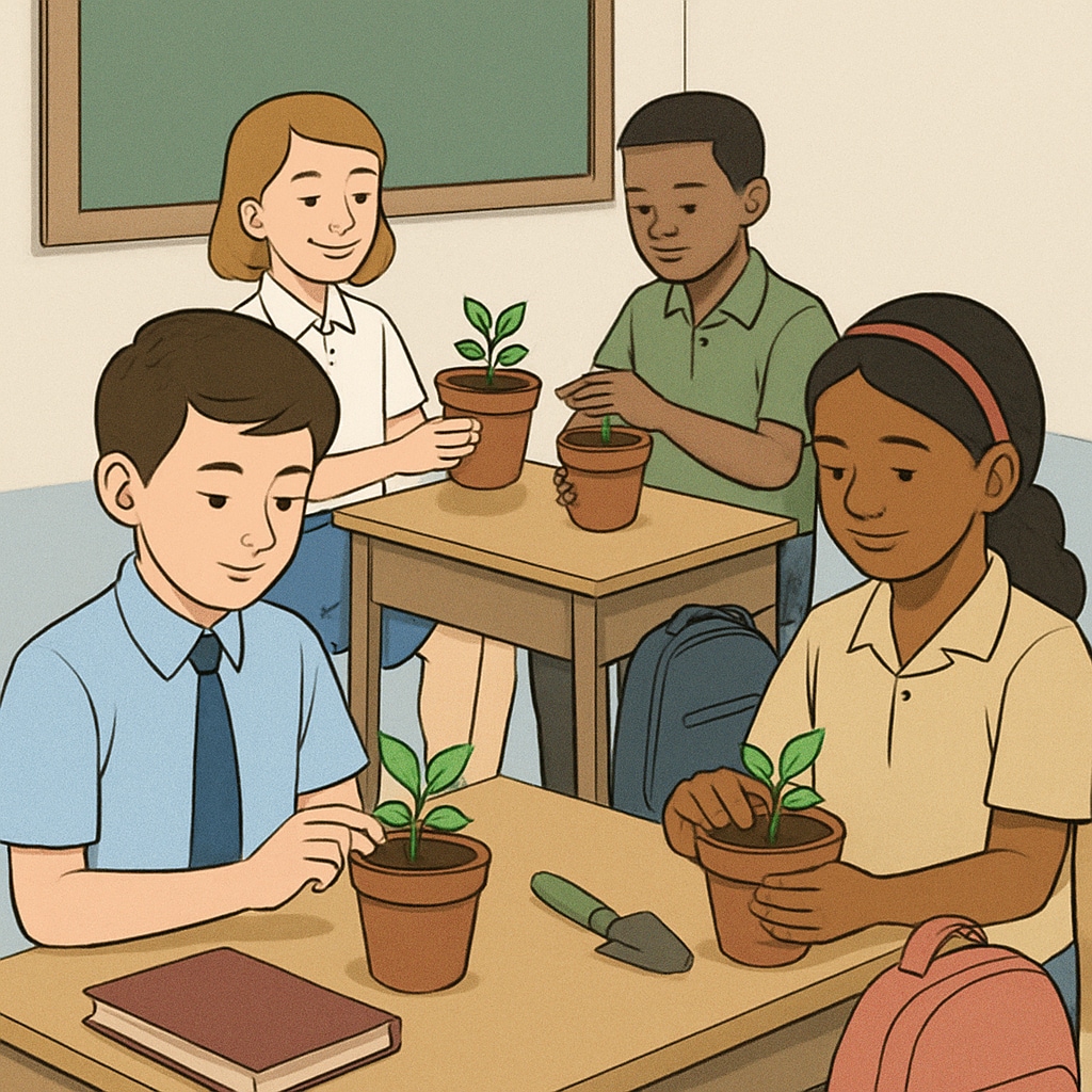 Students engaging in a school activity, with visible distinctions between groups based on economic status. School activity showing distinctions based on economic contributions