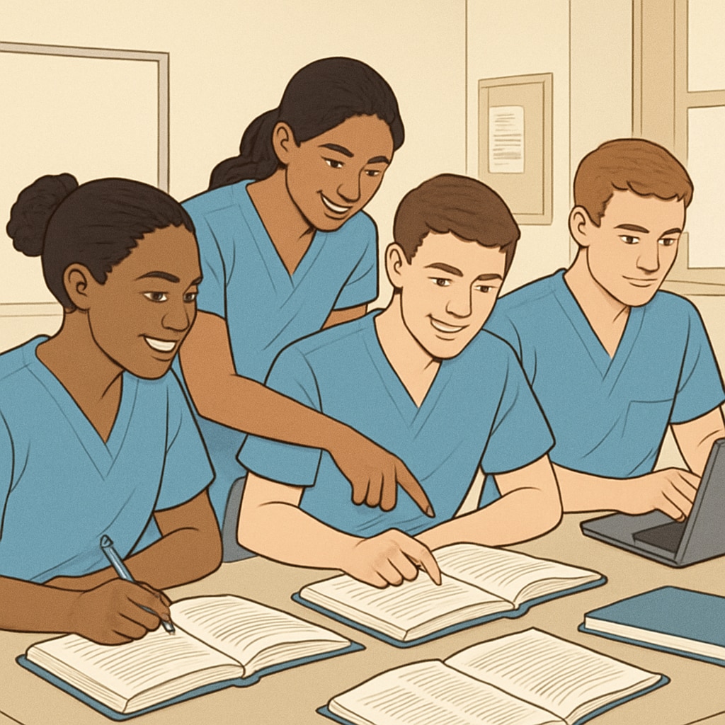 Nursing students collaborating in a study session.
