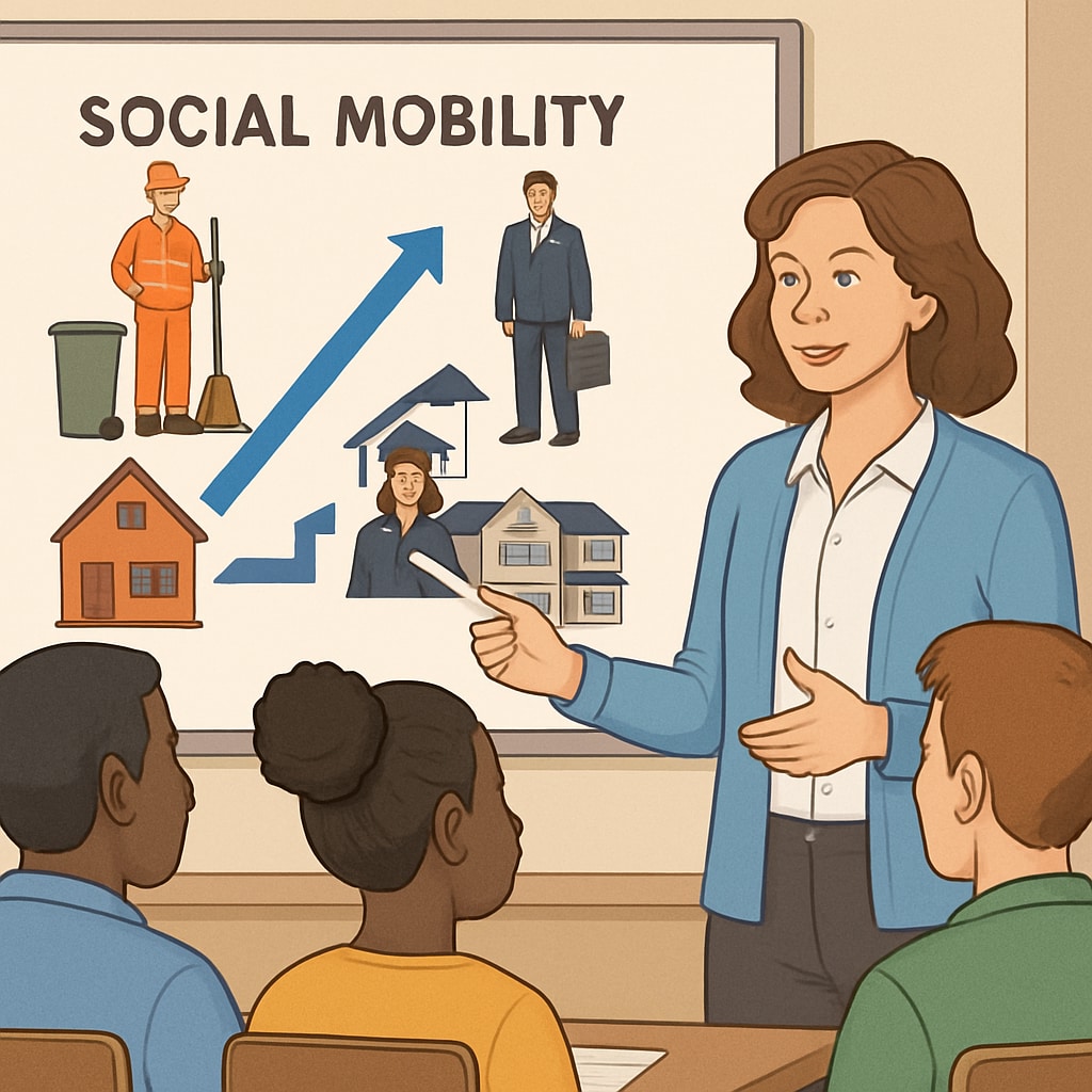 A teacher explaining social mobility to students with visuals depicting diverse socio-economic examples. Teacher using visuals to explain social mobility concepts in class.