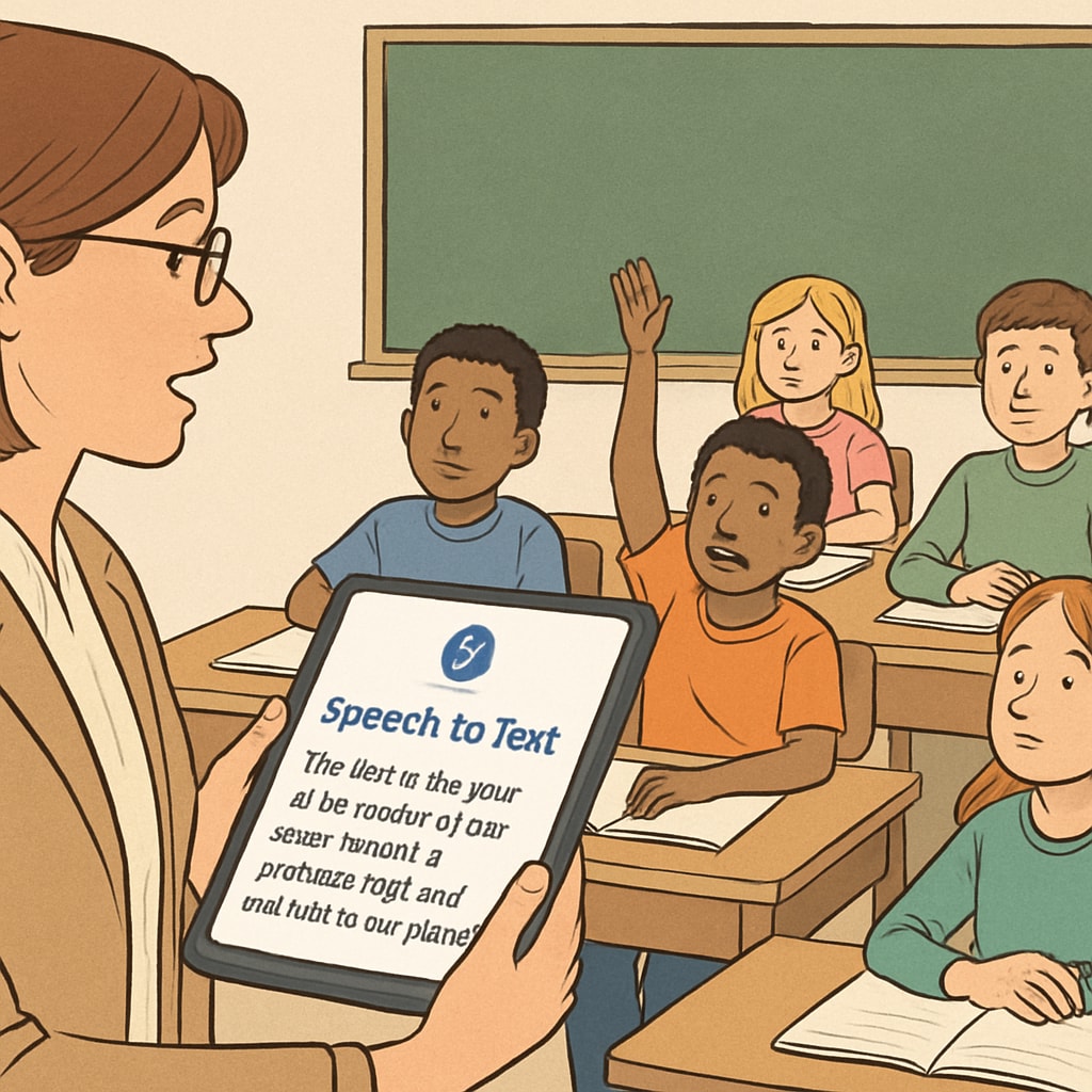 A teacher using a speech-to-text tool like WillowVoice on a tablet during a classroom session. The image showcases real-time transcription and classroom interaction. Speech-to-text tool WillowVoice used by a teacher in a classroom to improve efficiency.