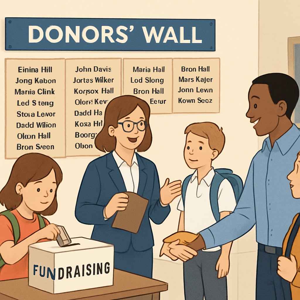 A school fundraising event with a School fundraising event showing a Donors' Wall, emphasizing economic disparity.