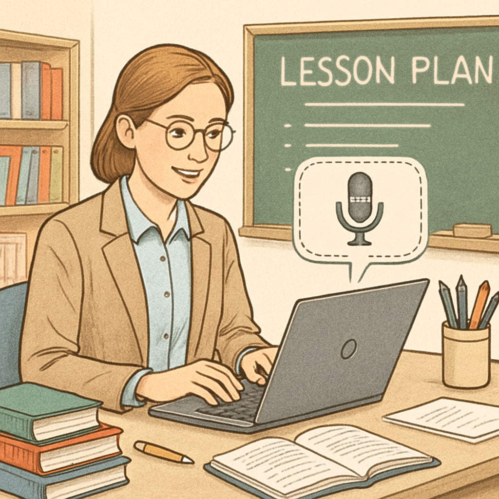 Teacher recording lesson plans using voice-to-text software in a classroom.