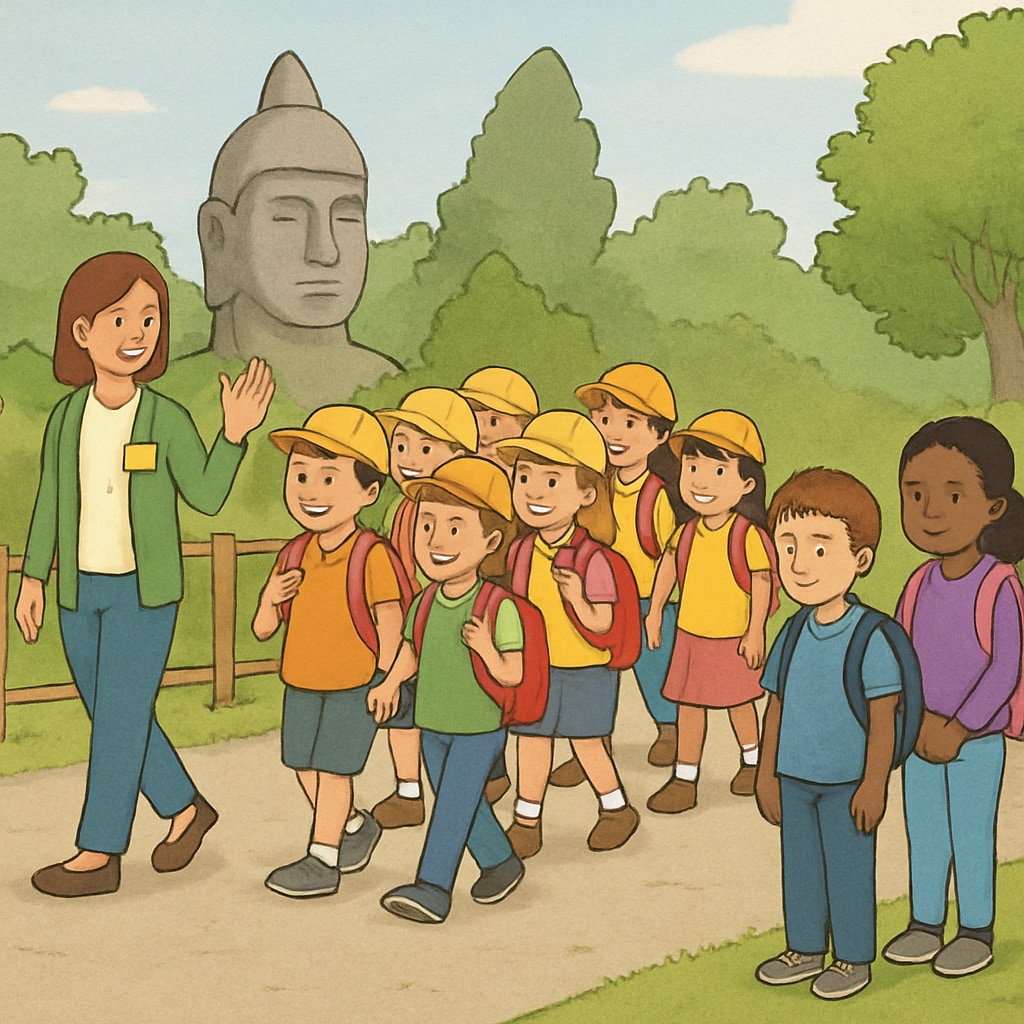 Children participating in a school field trip, with some students visibly excluded due to donation-based restrictions. School field trip showing some children excluded due to donation-based privileges.