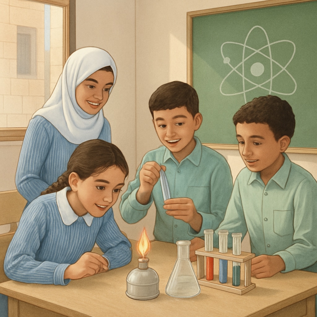 A classroom in Gaza where students are engaged in a science experiment, representing hope and educational progress. Gaza school classroom with students conducting science experiments for curriculum development.