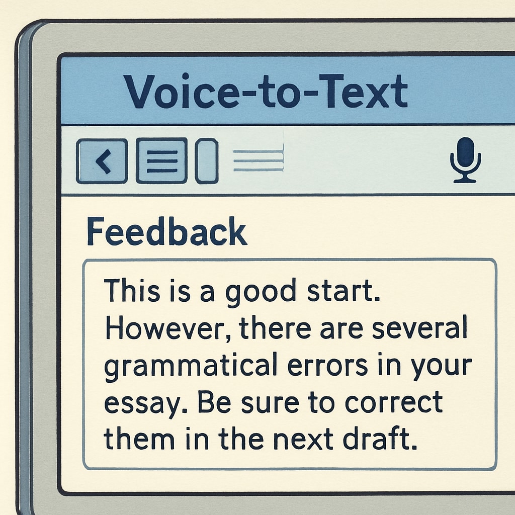Computer screen displaying transcribed student feedback using voice-to-text technology.