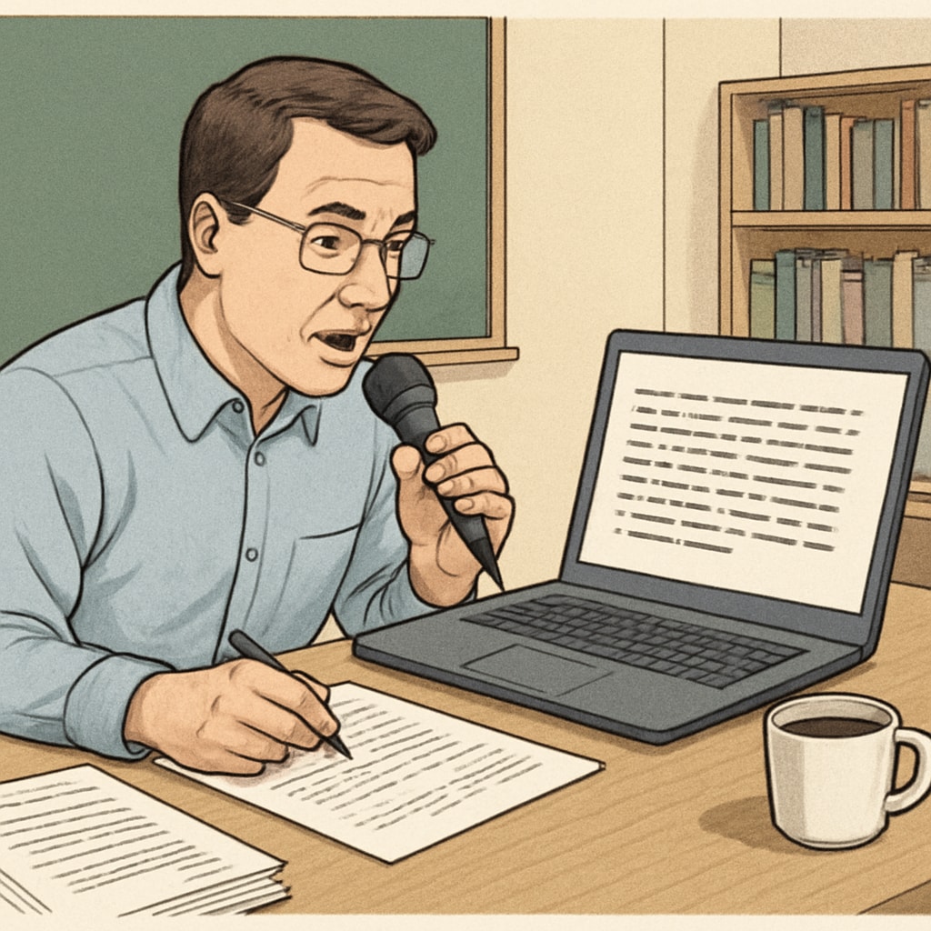 A teacher using a voice recognition tool like WillowVoice to grade assignments. The image shows the teacher seated at a desk, speaking into a microphone while viewing a laptop screen with transcribed text visible. A teacher using WillowVoice for grading, demonstrating voice recognition benefits in education.
