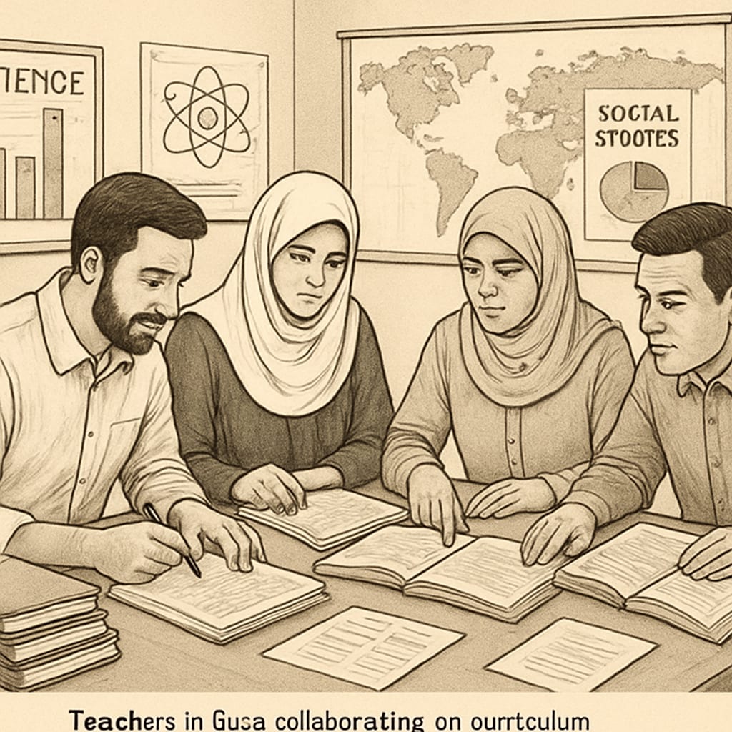 Teachers in Gaza working collaboratively on curriculum development for science and social studies. Gaza educators designing science and social studies curriculums for post-conflict schools.