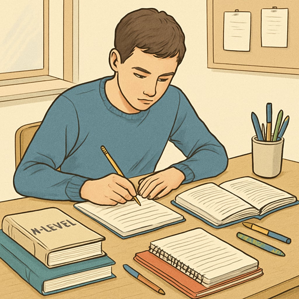 Student preparing for A-Level retakes with textbooks and notes.