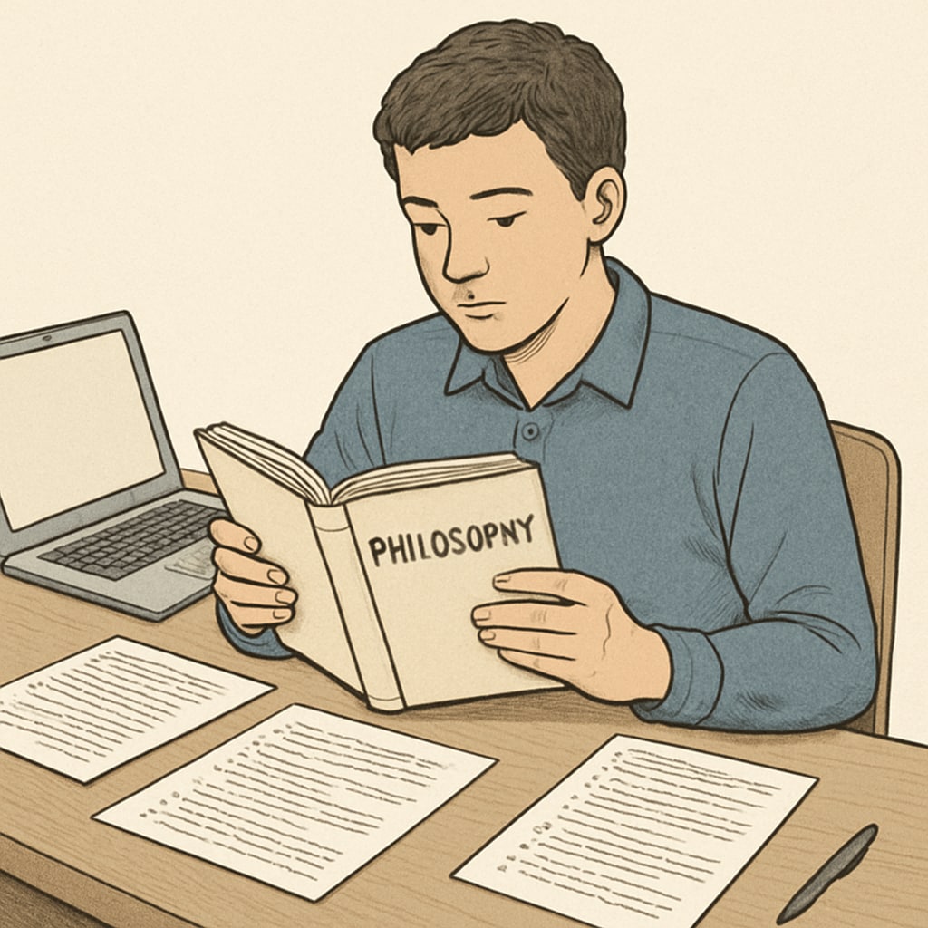 A student reading a philosophy book at a desk, surrounded by notes and a laptop. A student exploring psychology and philosophy self-learning resources.