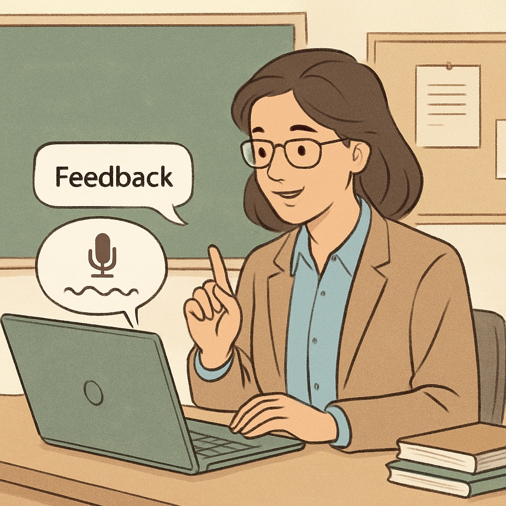 Teacher dictating feedback using WillowVoice speech-to-text software.