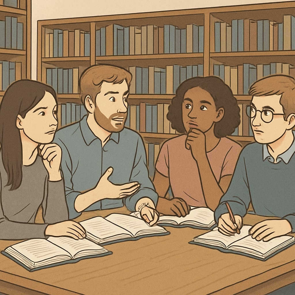 A group of students discussing philosophical concepts in a library setting. K12 students engaging in a discussion about philosophy and psychology.