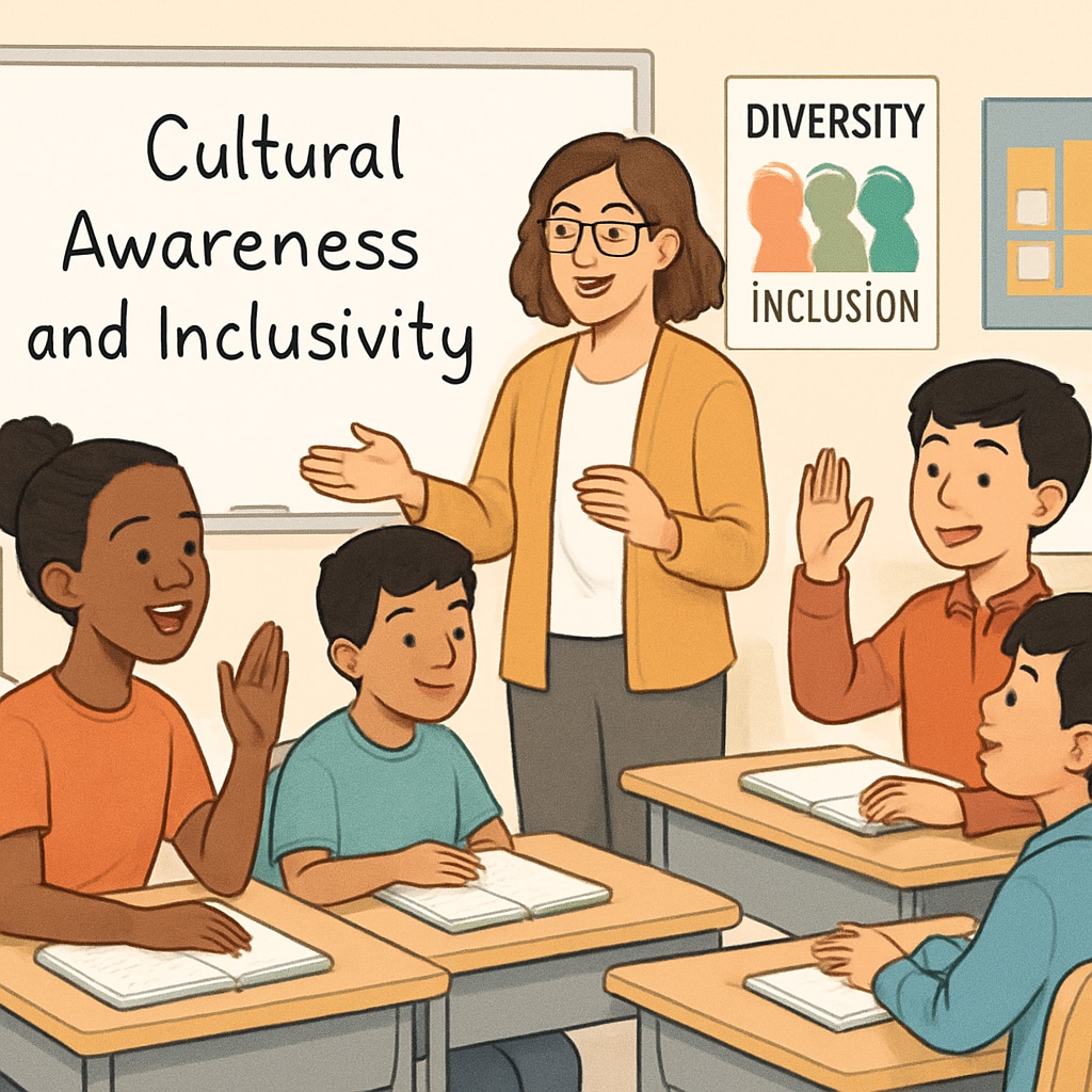 A classroom discussion where students share their views on cultural awareness and inclusivity. The image depicts engaged students and a teacher facilitating the discussion in a bright, welcoming environment. Students discussing cultural awareness and inclusivity in a classroom setting.