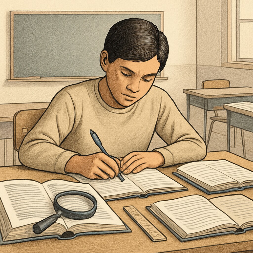 A student studying diligently at a desk, surrounded by books and assistive tools, symbolizing resilience and determination to overcome learning disabilities. Student overcoming learning disabilities to pursue medical dreams.