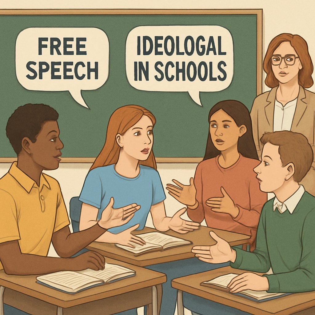 Students participating in a debate about free speech and ideological balance in schools. The image shows a group of students actively debating, with a teacher moderating in the background. Students debating free speech and ideological balance in schools.