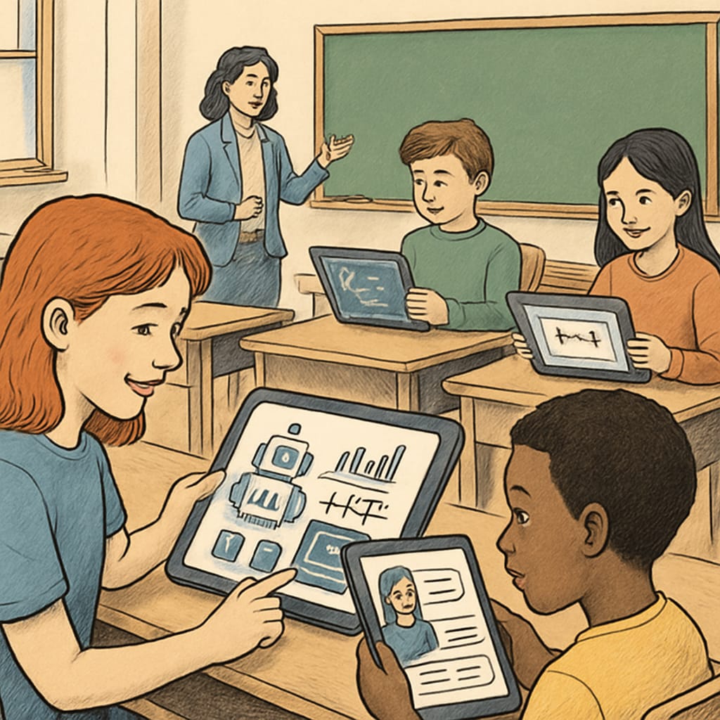 A classroom setting with students using AI-powered tablets, emphasizing personalized learning and intelligent tutoring systems. Classroom with AI tablets transforming the learning experience