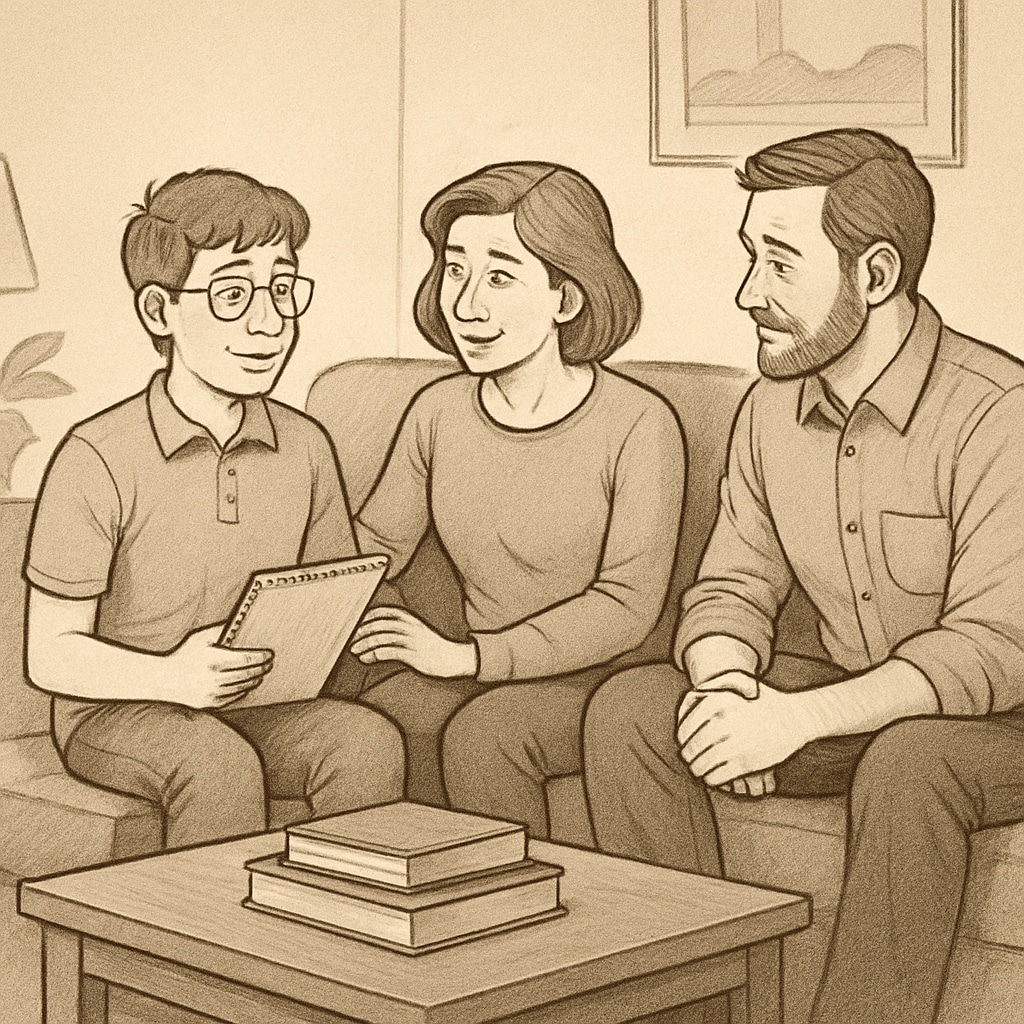 A family sitting together, discussing career aspirations and providing emotional support to a student with learning disabilities. Family supporting a student in their pursuit of medical dreams despite challenges.