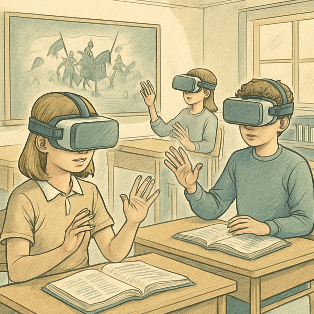 Students wearing VR headsets in a classroom, exploring historical events through immersive learning technologies. Students using VR headsets for AI-driven historical exploration
