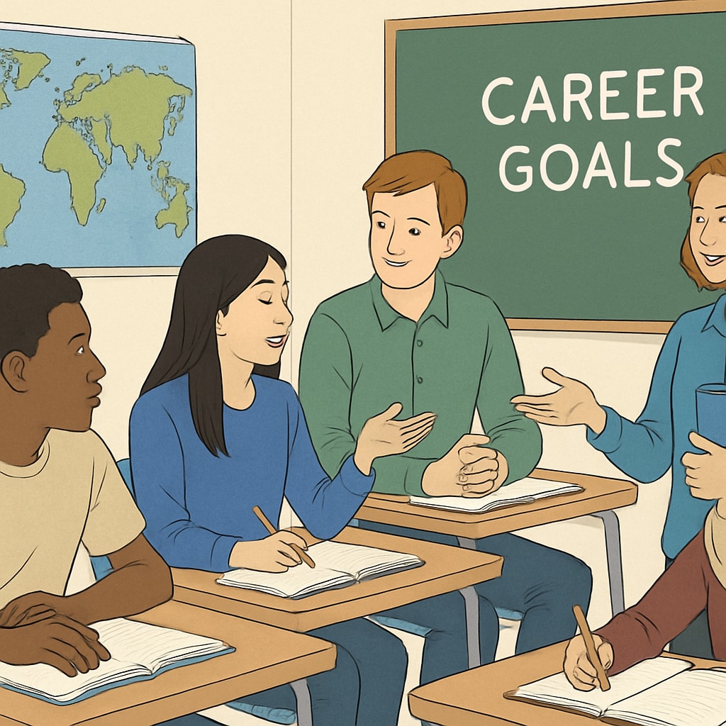 A classroom of diverse students discussing career goals, symbolizing global perspectives and early preparation. Diverse students in a classroom discussing career goals, reflecting global perspectives.