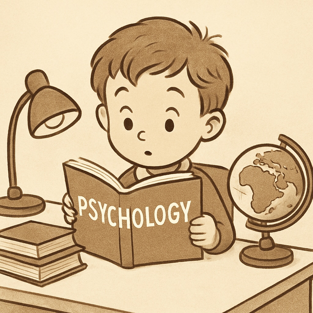 A child reading a psychology book with a curious expression, symbolizing early exploration of psychology and philosophy. Young child exploring psychology and philosophy through reading.